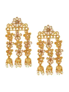 Yellow Chimes Gold Plated Kundan Studded Floral Shaped Jhumka