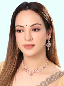 Yellow Chimes American Diamond Studded Necklace With Earrings