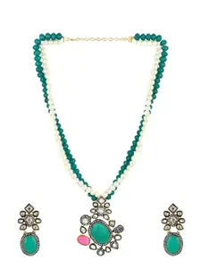 Yellow Chimes Gold-Plated Kundan Studded & Beads Beaded Necklace With Earrings