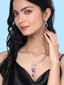 Yellow Chimes Silver-Plated American Diamond Studded Necklace With Earrings