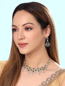 Yellow Chimes Rhodium-Plated American Diamond Studded Necklace With Earrings