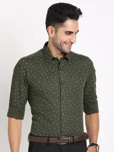 Turtle Men Olive Green Smart Slim Fit Printed Formal Shirt