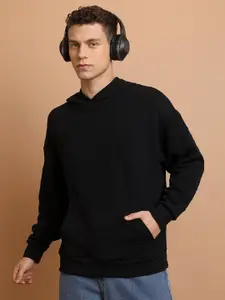 HIGHLANDER Self Design Oversized Drop Shoulder Sleeves Hooded Sweatshirt