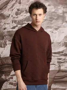 HIGHLANDER Self Design Hooded Oversized Drop Shoulder Sleeves Textured Sweatshirt