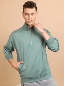 HIGHLANDER Green Mock Collar Oversized Drop Shoulder Sleeves Sweatshirt