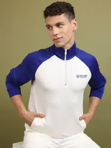HIGHLANDER White & Blue Colourblocked Mock Collar Sweatshirt