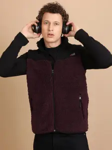 HIGHLANDER Black Self Design High Neck Sleeveless Front-Open Sweatshirt