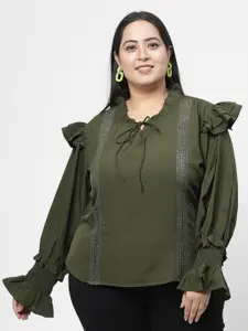 Flambeur Plus Size Tie-Up Neck Ruffled Smocked Top