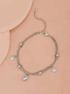 Carlton London Women Silver-Plated Crystals-Studded Layered Anklet