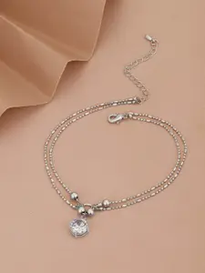 Carlton London Women Silver-Plated Crystals-Studded Layered Anklet