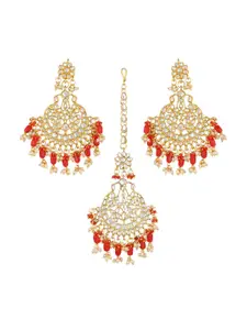 I Jewels Gold-Plated Kundan-Studded & Pearl Maang Tikka & Chandbalis Earrings