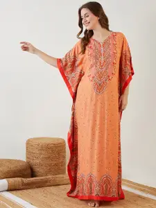 The Kaftan Company Peach-Coloured Printed Maxi Nightdress