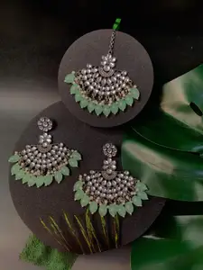 I Jewels Sliver-Plated Kundan-Studded & Pearl Oxidised Chandbali Earrings & Maang Tikka