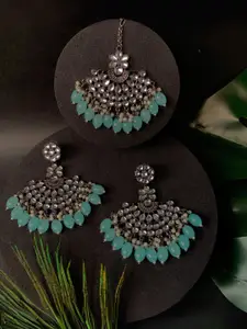 I Jewels Sliver-Plated Kundan-Studded & Pearl Oxidised Maang Tikka & Chandbalis Earrings