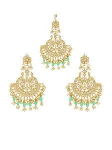 I Jewels Gold-Plated Kundan-Studded & Pearl Oxidised Maang Tikka & Chandbalis Earrings
