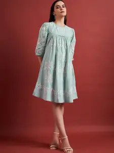 all about you Floral Embroidered Pure Cotton A-Line Knee Length Dress