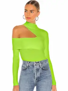 Uptownie Lite Green High Neck Cotton Ribbed Cut Out Fitted Top