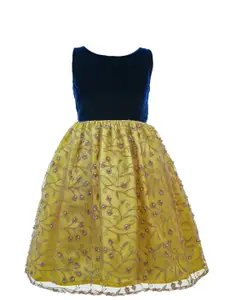 BAESD Girls Embroidered Sleeveless Embellished Velvet Yellow Fit & Flare Party Dress