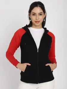 Rute Women Black Colourblocked Hooded Sweatshirt