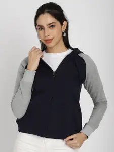 Rute Women Blue Colourblocked Hooded Sweatshirt