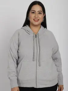 Rute Plus Size Hooded Neck Long Sleeve Zip Detail Cotton Front-Open Sweatshirt