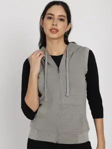 Rute Hooded Neck Sleeveless Zip Detail Cotton Front-Open Sweatshirt