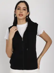 Rute Hooded Neck Sleeveless Zip Detail Cotton Front-Open Sweatshirt