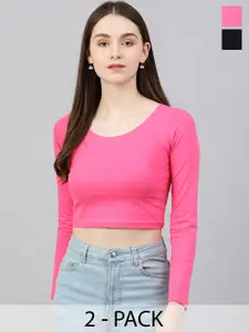 COLOR CAPITAL Pack Of 2 Scoop Neck Cotton Crop Fitted Top