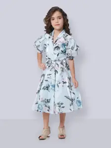 Peppermint Girls Floral Printed Shawl Collar Puff Sleeves Fit & Flare Midi Dress With Belt