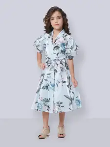 Peppermint Girls Floral Printed Shirt Collar Puff Sleeve Tie Up Fit & Flare Dress