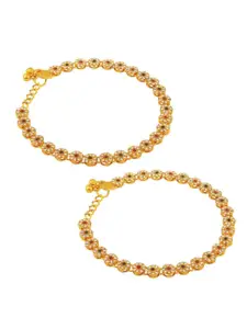 Efulgenz Set Of 2 Gold-Plated Crystal Stone-Studded With Ghungroo Charms Anklets