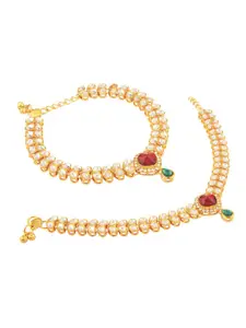 Efulgenz Set Of 2 Gold-Plated Kundan Stone-Studded With Ghungroo Charms Anklets
