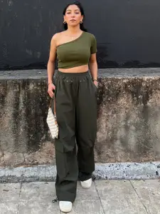 Obleka Ribbed One Shoulder Crop Top With Cargos Trouser