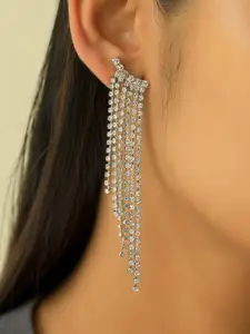 Ayesha Contemporary Diamante Crystal Studded Slanting Tasselled Drop Earrings
