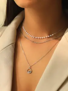 Ayesha 3-Layered Chain Necklace With Pearls & Minimalist Rhinestone Pendant