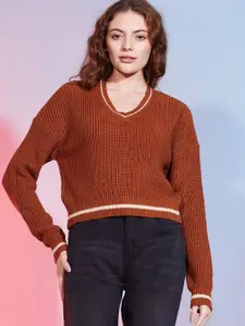 DressBerry Brown Cable Knit V-Neck Long Sleeves Acrylic Pullover