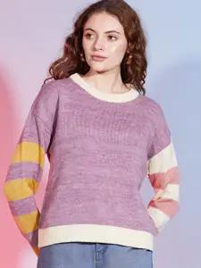 DressBerry Purple Self Design Long Sleeves Acrylic Pullover