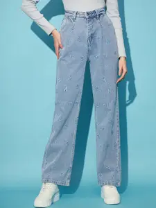 STREET 9 Women Blue Embroidered Clean Look Straight Fit High-Rise Pure Cotton Jeans