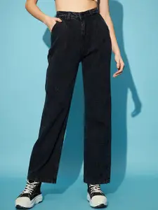 STREET 9 Women Black Straight Fit Embroidered Clean Look High-Rise Pure Cotton  Jeans