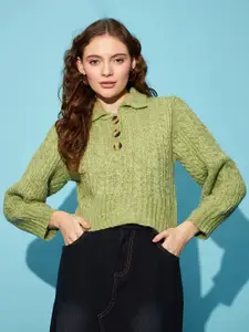 STREET 9 Green Cable Knit Spread Collar Acrylic Crop Pullover Sweater