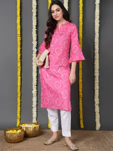 AHIKA Women Pink Bandhani Printed Flared Sleeves Kurta