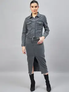 Chemistry Washed Effect Denim Jacket with Front Slit Pencil Skirt