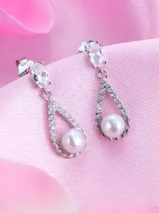 Zavya 925 Pure Sterling Silver Rhodium-Plated Pearl Contemporary Drop Earrings