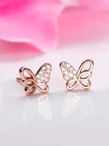 Zavya 925 Pure Sterling Silver Rose Gold-Plated CZ Butterfly Shaped Studs