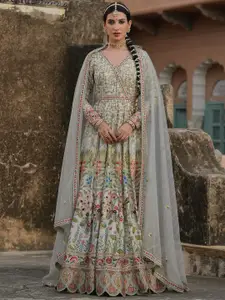 SCAKHI Floral Printed Embellished Gathered Silk Anarkali Ethnic Dress With Dupatta