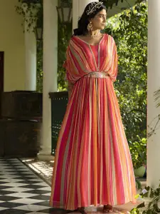 SCAKHI Candy Striped Maxi Length Gown Ethnic Dress With Belt And Attached Cape
