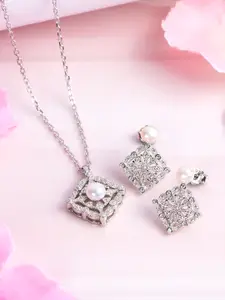 Zavya Women Rhodium-Plated Pearl Studded Sterling Silver Necklace with Earrings
