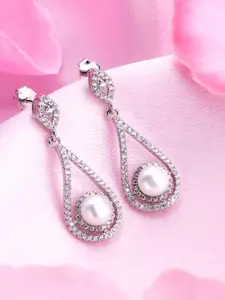 Zavya 925 Pure Sterling Silver Rhodium-Plated Pearls-Studded Teardrop Shaped Drop Earrings