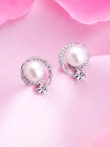 Zavya Women Rhodium-Plated Sterling Silver Pearl Studded Circular Studs Earrings