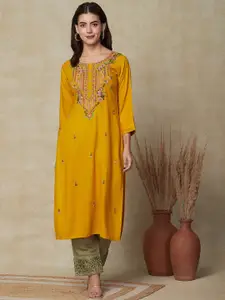 FASHOR Women Yellow Floral Embroidered Thread Work Khadi Kurta